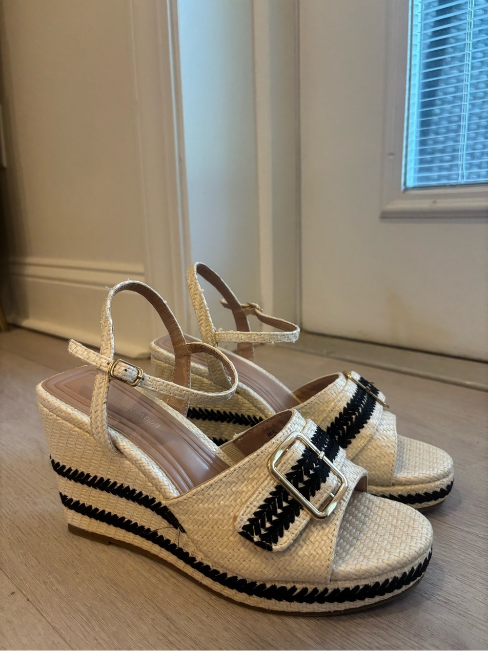 BCBGeneration Natural Woven Espadrille Wedge Sandals with Black Trim